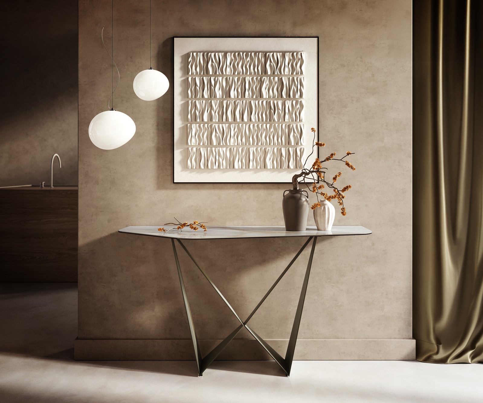 DELIFE Konsolentisch Edge Polygonal 140x50 cm Keramik Onyx Pearl Spios Metall Effektfinish Titan, Konsolentische Image