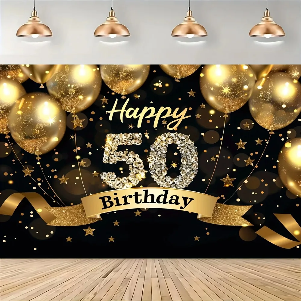 Funkelnde Sterne, Schwarz-Gold Ballon-Thema, Geburtstagsbanner-Hintergrund, Geburtstagsfeier, Heimdekoration, Fotografie-Hintergrundtuch Image