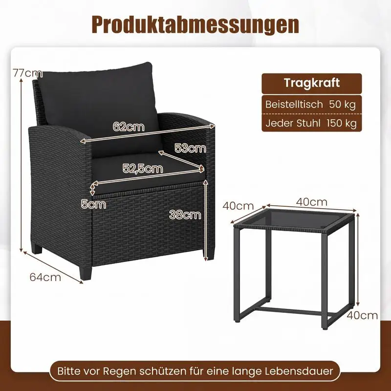 Rattan-Gartenmöbel-Set mit 2 Stühlen mit Kissen und Glastisch, Sitzgruppe für den Außenbereich, schwarz-schwarz