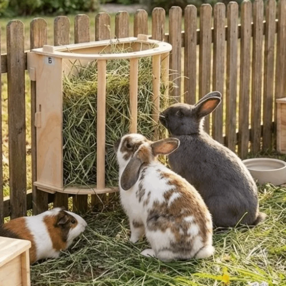 Praktischer Holz-Häschen-Heufütterer zum Aufhängen mit Eingebautem Heuraufe und Abnehmbarem Gras-Spender für Meerschweinchen und Hamster Image