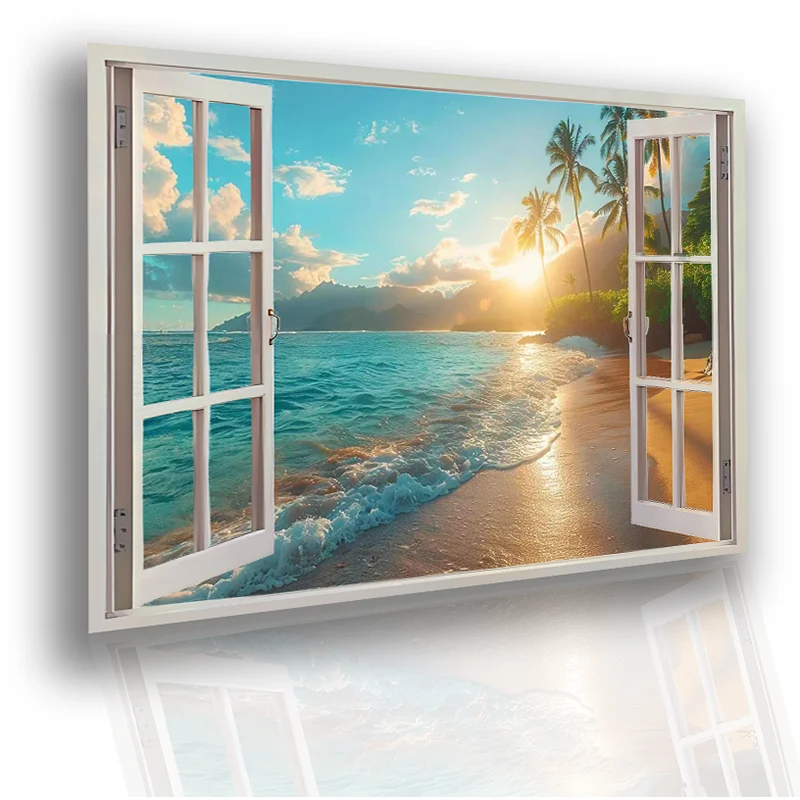 3D Sonnenuntergang Blauer Strand Natur Himmel Aurora See Fensterblick Poster Wandkunst Meereslandschaft Raumdekoration Tapete Bild