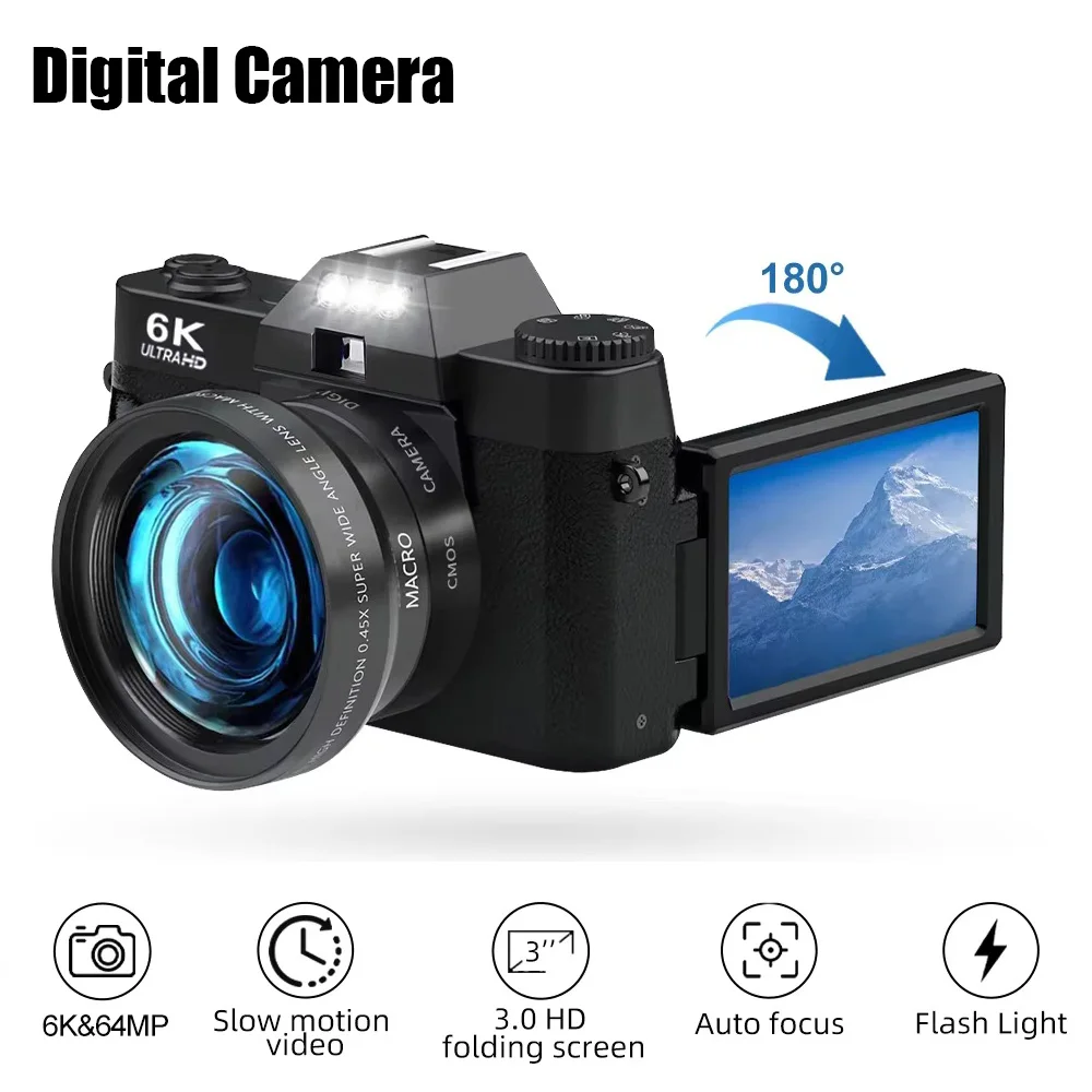 Appareil photo numérique vintage 6K, zoom numérique 16x, enregistreur vlog 64MP, YouTube 180 ° Appareil photo numérique Web WiFi à écran rabattable