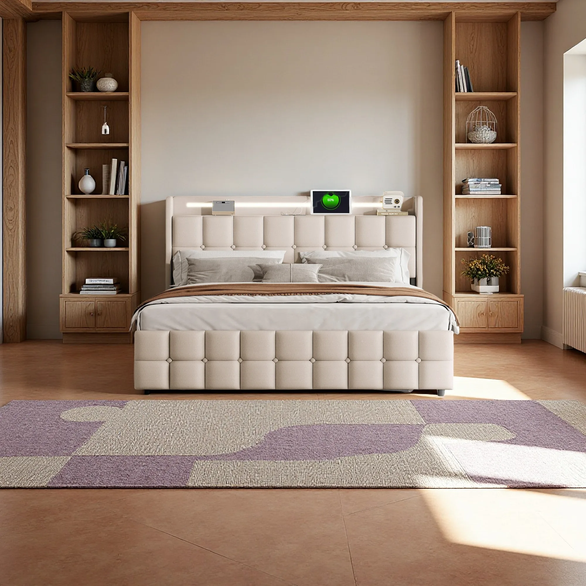 Rosahqnda Doppelbett 160 x 200 cm mit LED-Beleuchtung, USB-Anschlüssen, 4 Schubladen, gepolstertes Kopfteil aus Leinen, modern und beliebt, für Jugendliche und Erwachsene, Leinenstoff, Beige Image