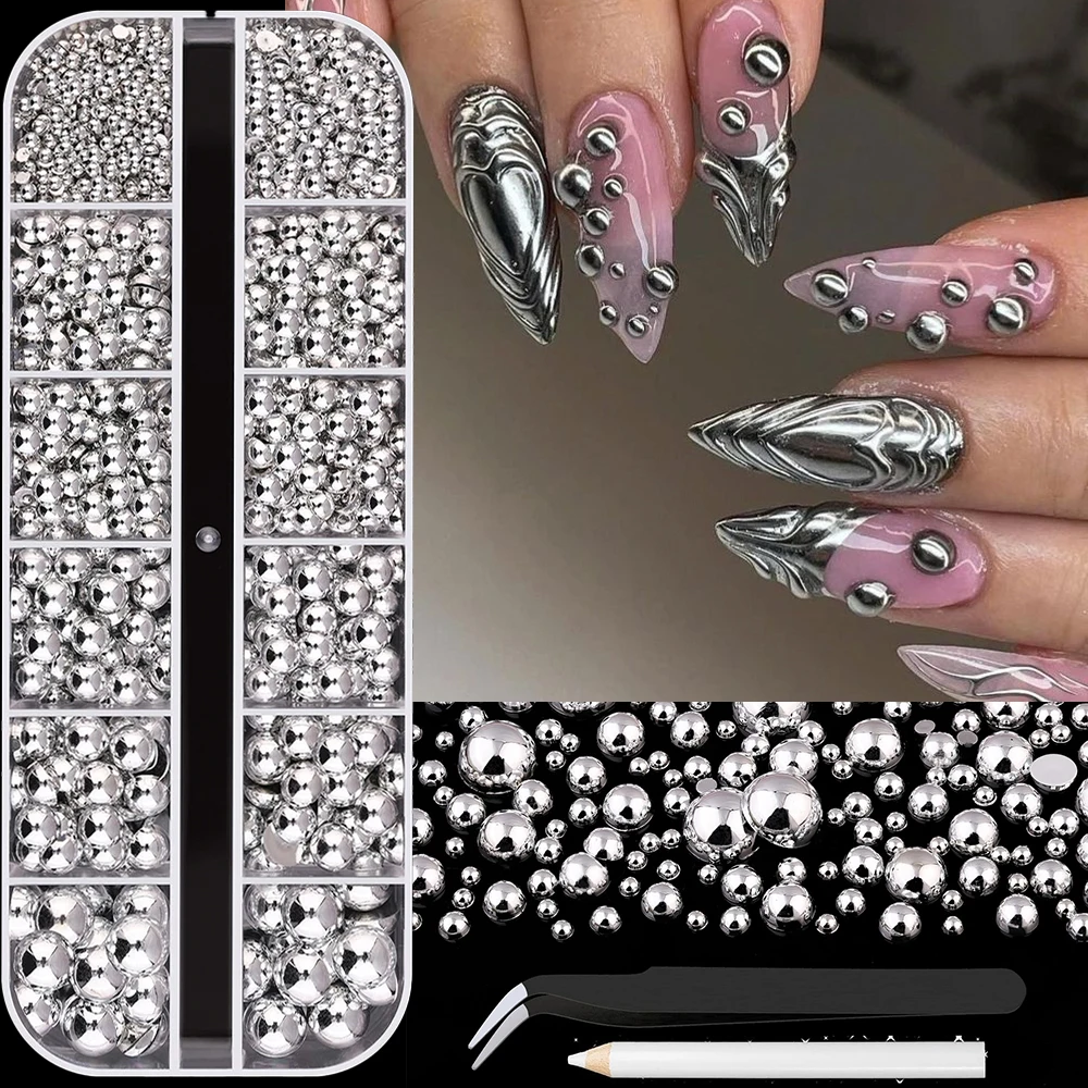 12Grid Shiny Silver Half Round Metal Caviar Bead Nail Rivets Charms 2/3/4/5/6/8mm Flatback Pearl Balls Nail Art Studs Y2k Decora Image