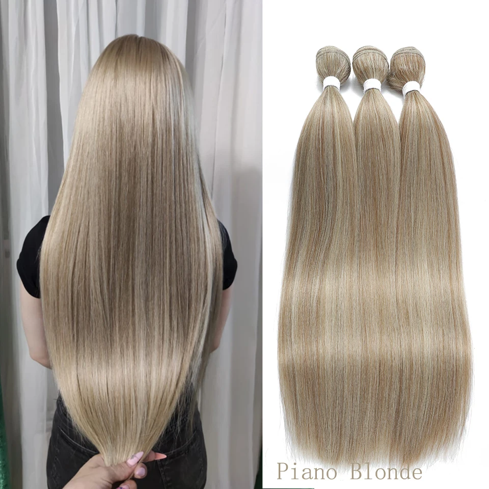 Klavierblondes glattes Haar, Bündel, glatte Haarverlängerungen, künstliche Fasern, synthetisches Yaki-glattes Haar, voll bis zum Ende, kostenloses Schiff Image