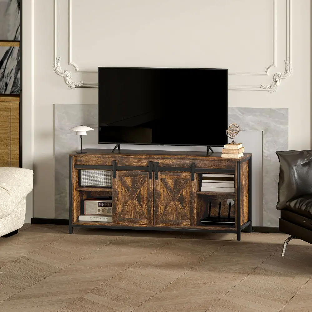 Meuble TV, support TV pour téléviseurs jusqu'à 60 pouces, meuble bas avec 2 armoires et 2 niveaux d'étagères, meuble TV pour salon, 120 x 40 x 54 cm, marron