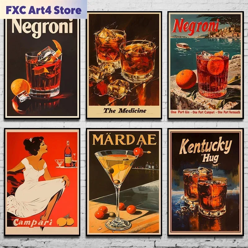 Rahmenloses Vintage-Poster mit Wein, Martini, Negroni und Cocktails, Retro-Leinwandbild für Bar, Weinmalerei, Club, Shop und Heimdekoration Image