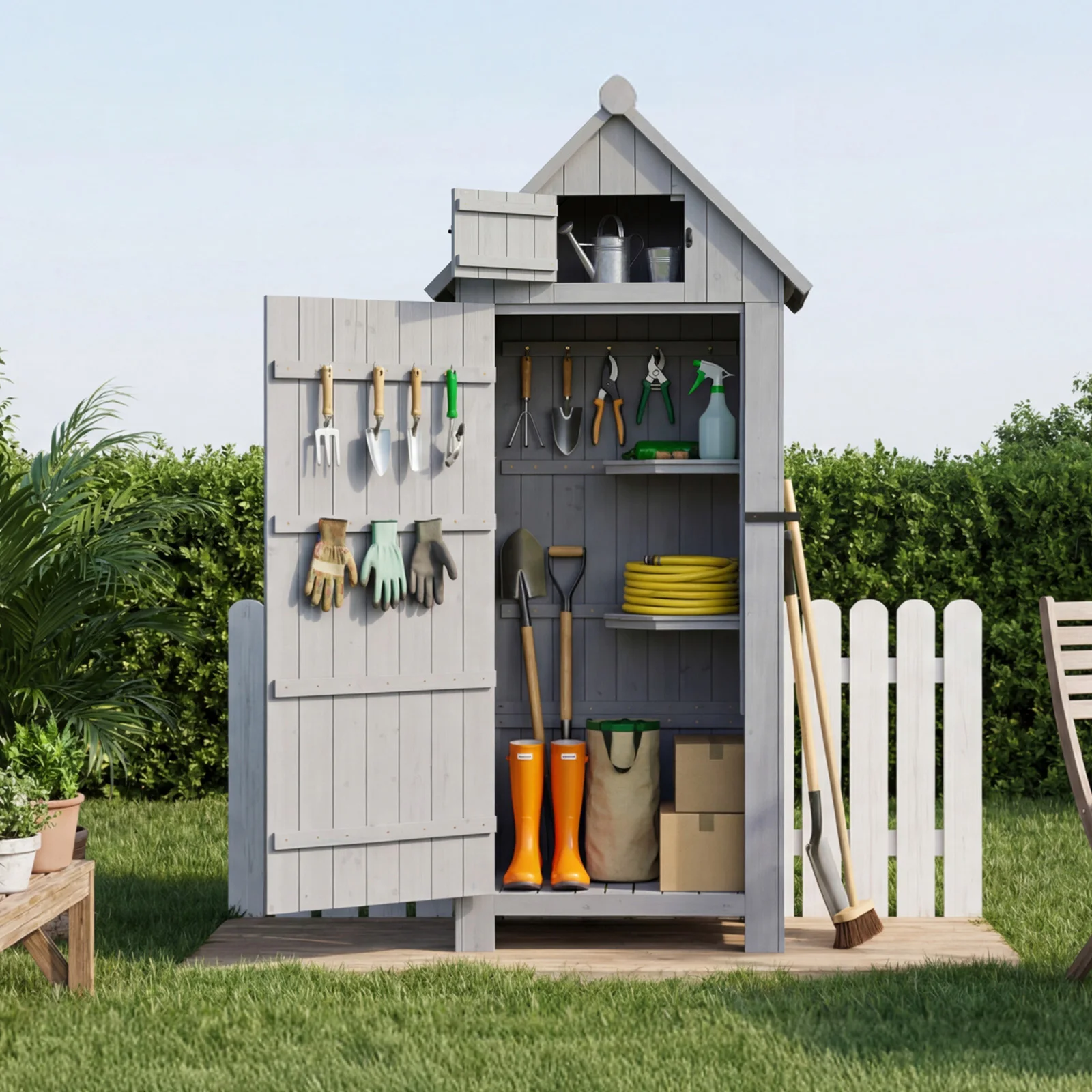HOMAVO Gerätehaus Holz mit UV-Schutz Pultdach, Gartenhaus Holz mit Boden, 77 × 54.3 × 179 cm, Geräteschuppen für Garten, Terrasse, Hinterhof, Rasen