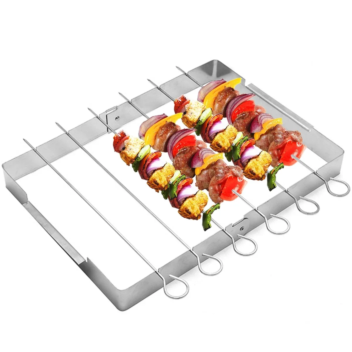 BBQ-Spießständer, Edelstahl, Grillspieße aus Metall, faltbar, drehbarer Rotisserie-Grillständer mit 6 Spießen für Grillwerkzeuge im Freien Image