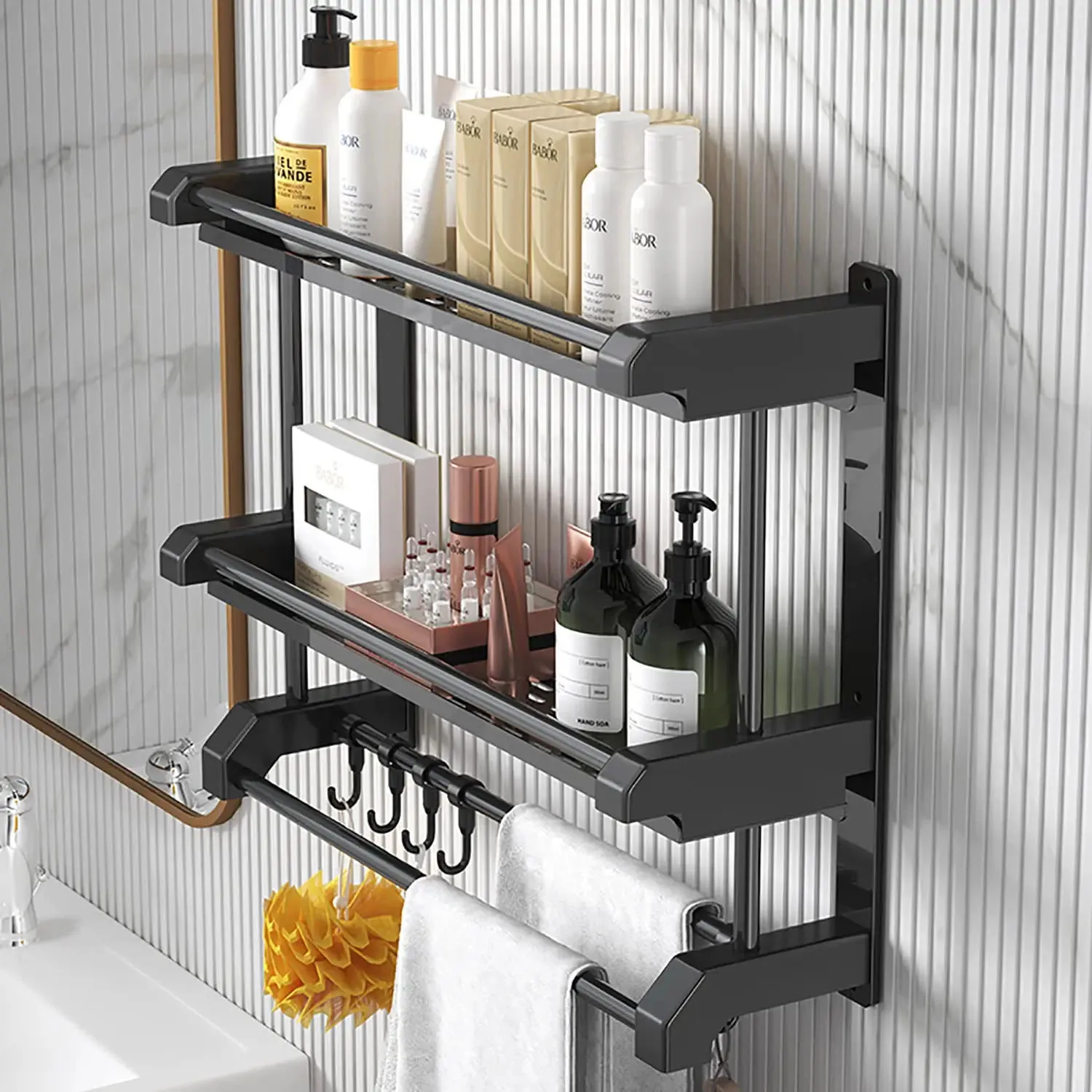 Étagère de rangement murale (noir), organisateur et rangement de salle de bain, étagères de salle de bain à 2 niveaux avec crochets, étagère de barre à serviettes de salle de bain