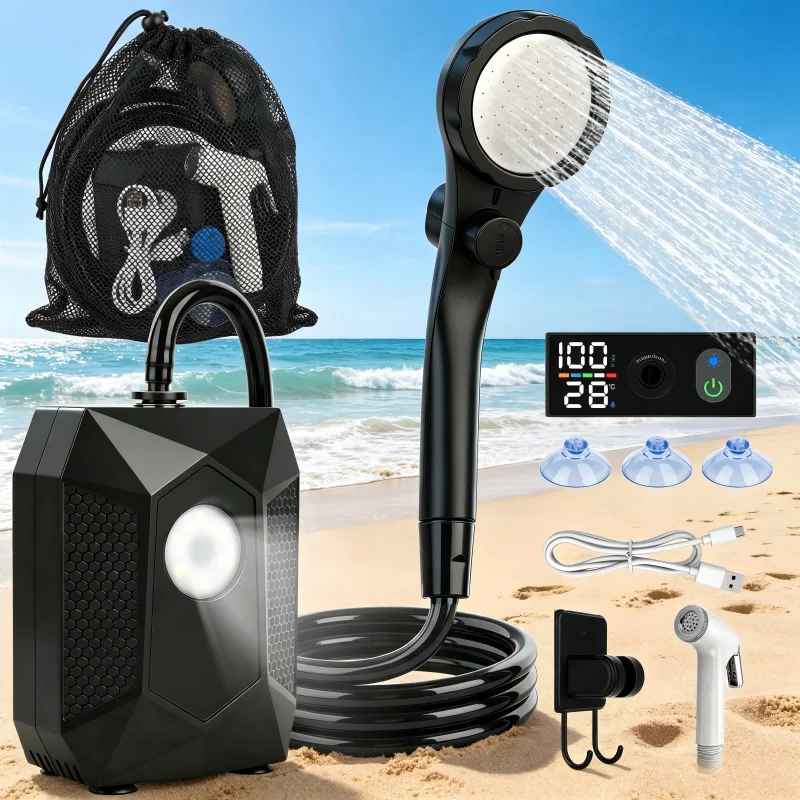 Campingdusche Tragbare, [6000mAh] Camping Dusche mit mit Pumpe und Temperaturanzeige, Camping Dusche Outdoor Set mit Duschkopf und 2M Schlauch für Garten, Autowaschen, Strand, Reisen, Haustier