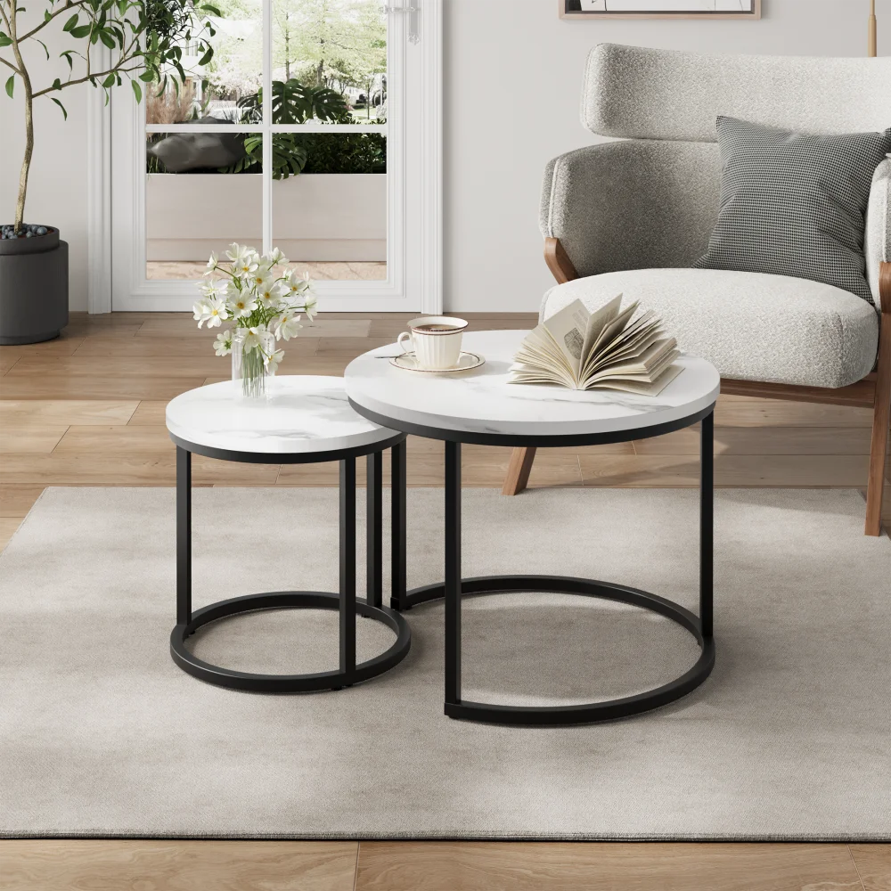 Weiß gestalteter Couchtisch im 2er-Set, 60 cm runder Couchtisch mit Metallrahmen, 2er-Set, geeignet für das Wohnzimmer