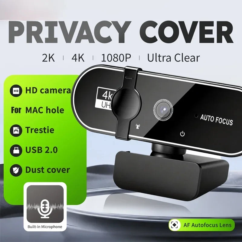 Webcam 4K, mini caméra 1080P, webcam Full HD 2K avec microphone, 30fps, webcam USB pour mise au point automatique, caméra vidéo pour PC portable