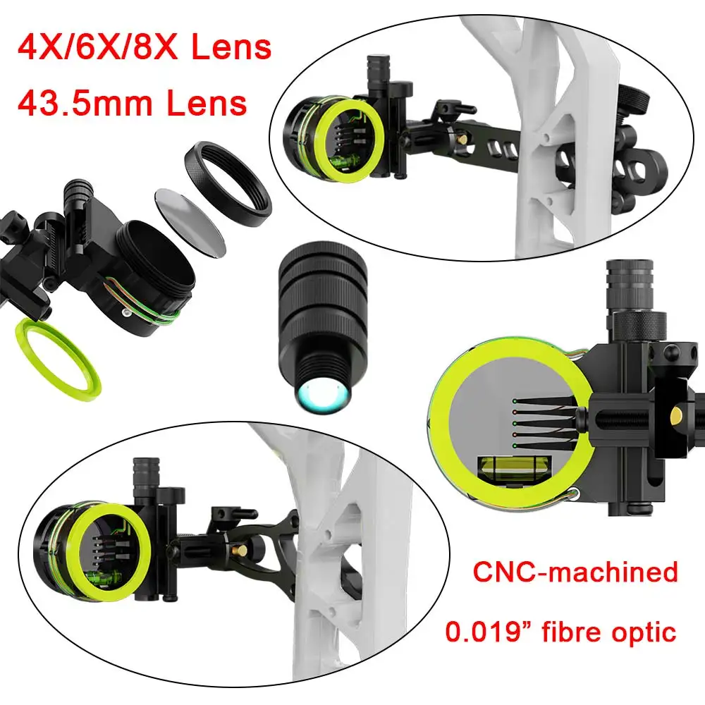 Bogenschießen 5-Pin-Bogenvisier 4x/6x/8x Vergrößerung Compoundbogen Jagd 0,019'' Glasfaser CNC-Legierung Links-/Rechtshänder Einstellbar Zielschießen Image
