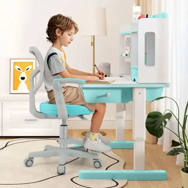 Ergonomischer Drehstuhl für Kinder mit Verstellbarer Höhe, Fußstütze, Armlehne, Y-förmiger Lendenwirbelstütze und Atmungsaktivem Netzrücken