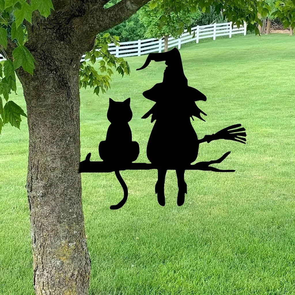 Décoration de jardin en forme de silhouette de sorcière et de chat en fer, sur une branche, art de jardin, décoration de jardin, à enficher dans le tronc d'arbre, pour pelouse, cour
