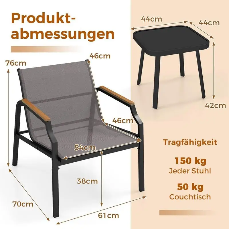 Ensemble de mobilier de jardin 3 pièces avec 2 chaises et table, ensemble de mobilier de balcon, mobilier de jardin