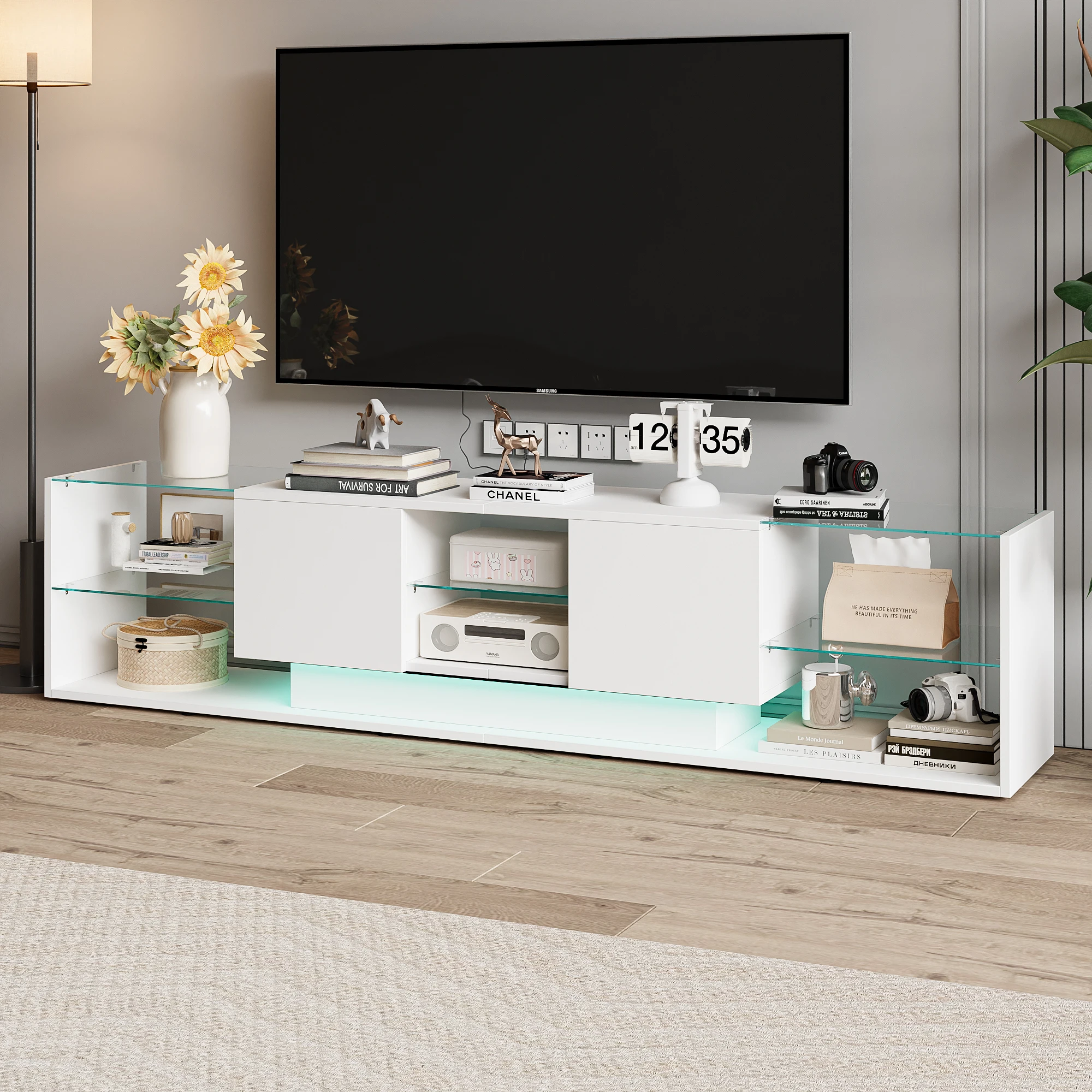 Comanlai Meuble TV moderne en bois de 200 cm, meuble TV LED, meuble TV avec 2 tiroirs et espace de rangement ouvert, pour salon, blanc