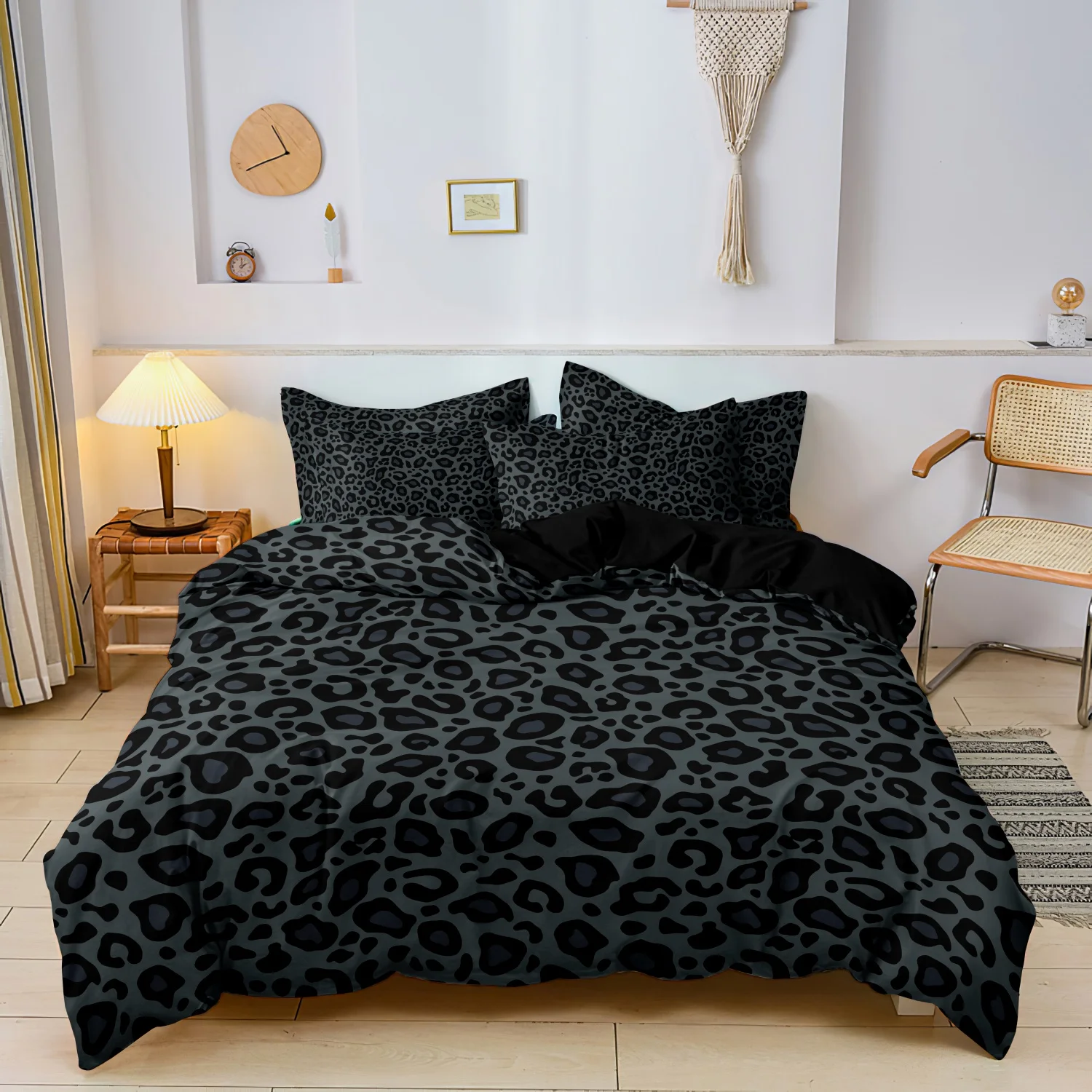 Parure de lit gris foncé noir à imprimé léopard, motif animal 3D, housse de couette douce et respirante, linge de maison