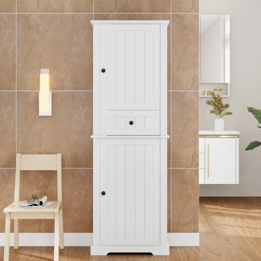 56 x 28 x 167,3 cm Freistehender Badezimmerschrank, feuchtigkeitsbeständiger, vollständig lackierter Badezimmer-Aufbewahrungsschrank mit oberen und unteren Schränken, mittlerer Schublade,