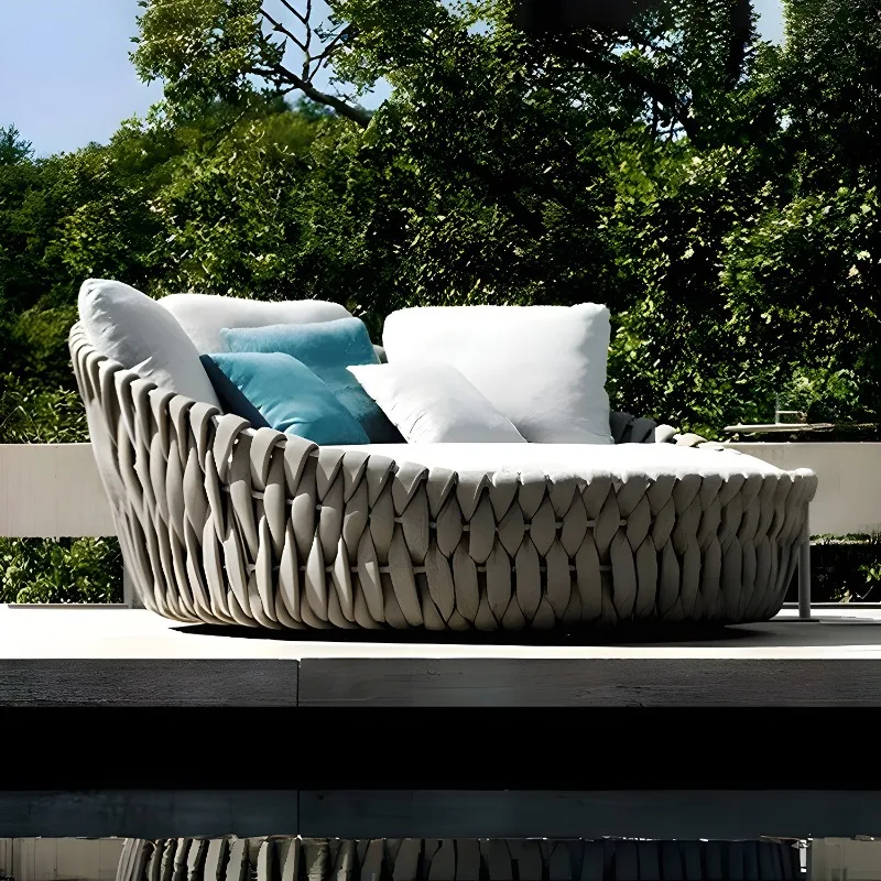 Outdoor-Seilgeflecht-Liege für Hotels und Ferienwohnungen, Rattan-Imitat Seilgeflecht-Strandliege, Freiluft-Club-Liege, Freizeit-Schwimmbad-Rattanliege