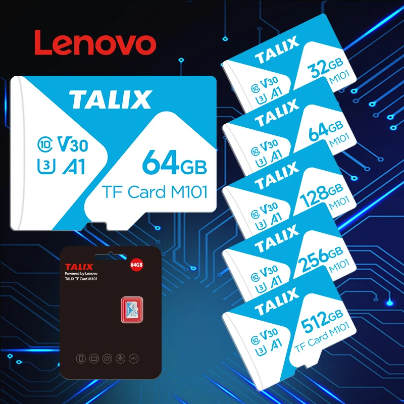 Lenovo TALIX TF-Karte 32GB 64GB 128GB 256GB 512GB Klasse 10 V30 A1 Micro-SD-Karte Hochgeschwindigkeits-Speicherkarte für Handy, Kamera, Drohne Image
