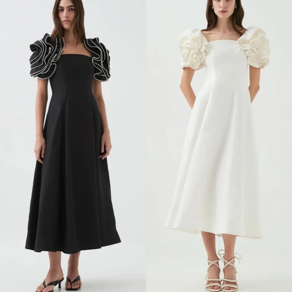 Customized High Quality Jersey Flower Ruched A-line Square Neck Midi Dresses Bespoke Occasion Elegant Matching