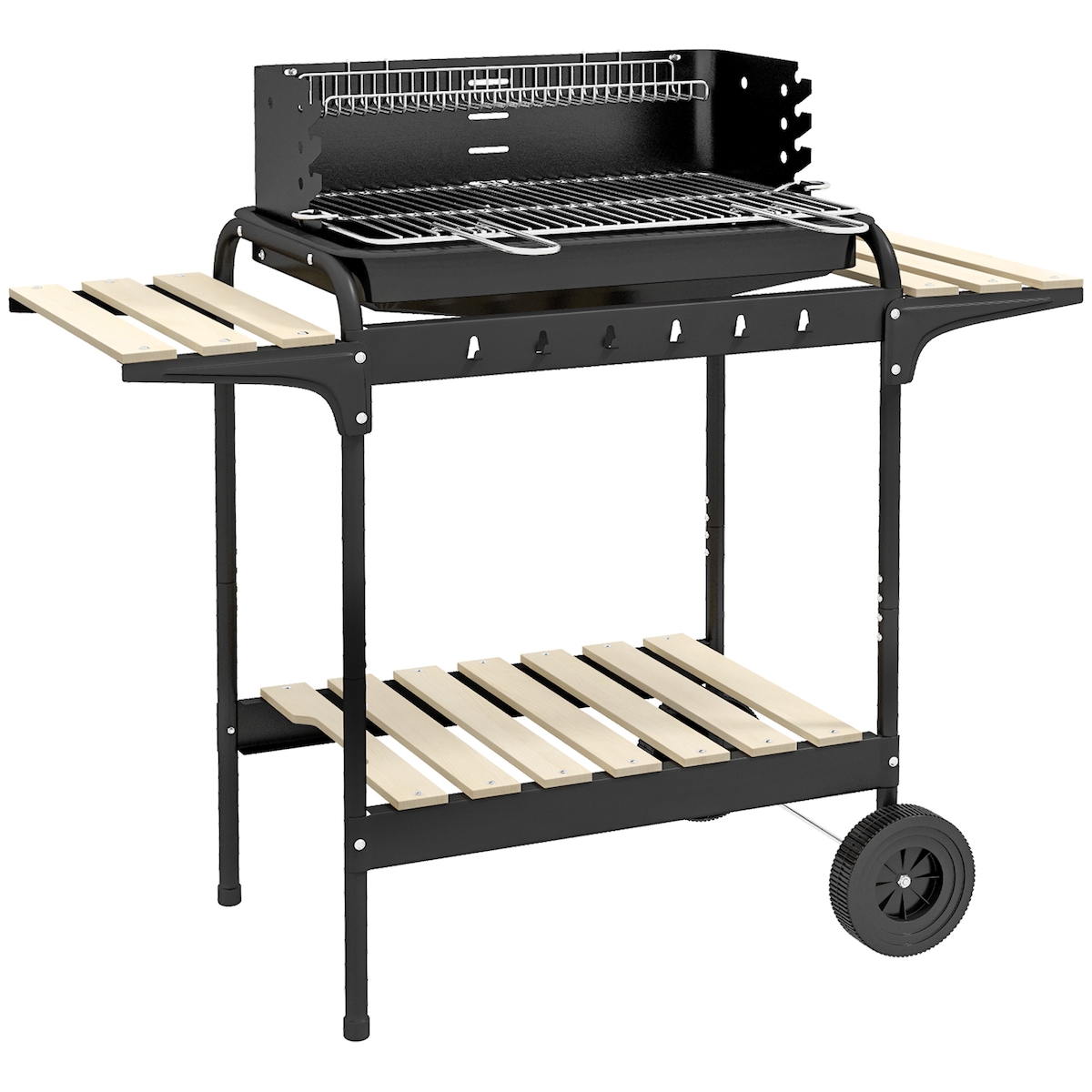 MODFU Holzkohlegrill Metall Schwarz 103x47x95 cm, höhenverstellbarer Grillrost, 2 Roste, Aschefänger, 2 Rollen Image