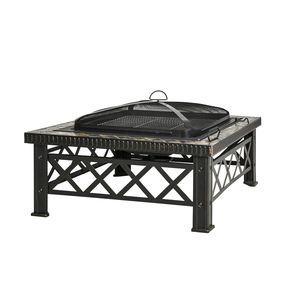 STILVORA Feuerschale Stahl Schwarz 76x76x47 cm mit Funkenschutzdeckel & Grillrost Image