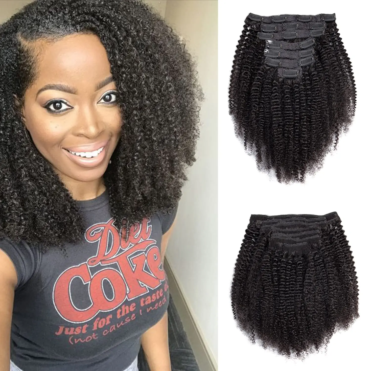 Afro Kinky Curly Clip-In-Haarverlängerungen aus Echthaar, 12A, brasilianisches Virgin-Remy-Echthaar, 100 % Echthaar, 8 Stück, 120 g/Set, natürliche Farbe Image