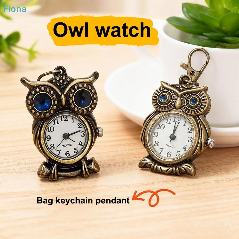  Winzige, niedliche, eulenförmige Taschenuhr mit Anhänger für Kinder, Männer und Frauen, Retro-Quarz-Taschenuhr, Geschenke, Zifferblatt mit arabischen Ziffern Image