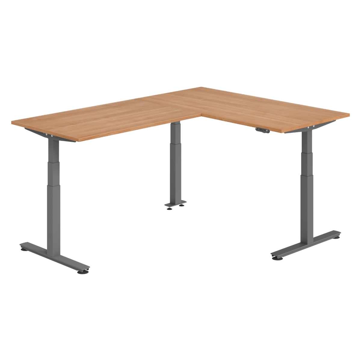 bümö Eckschreibtisch elektrisch höhenverstellbar L-Form: 160 x 220 cm in Nussbaum, Gestell graphit - Stehschreibtisch mit Memory-Steuerung, Image