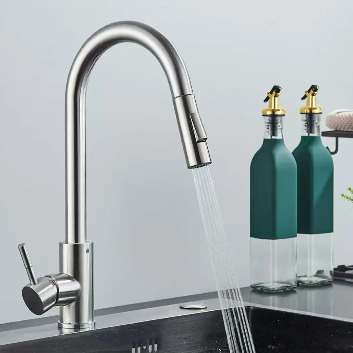 Robinet de cuisine en acier inoxydable, mitigeur de cuisine noir nickel brossé extractible, robinet d'évier de cuisine