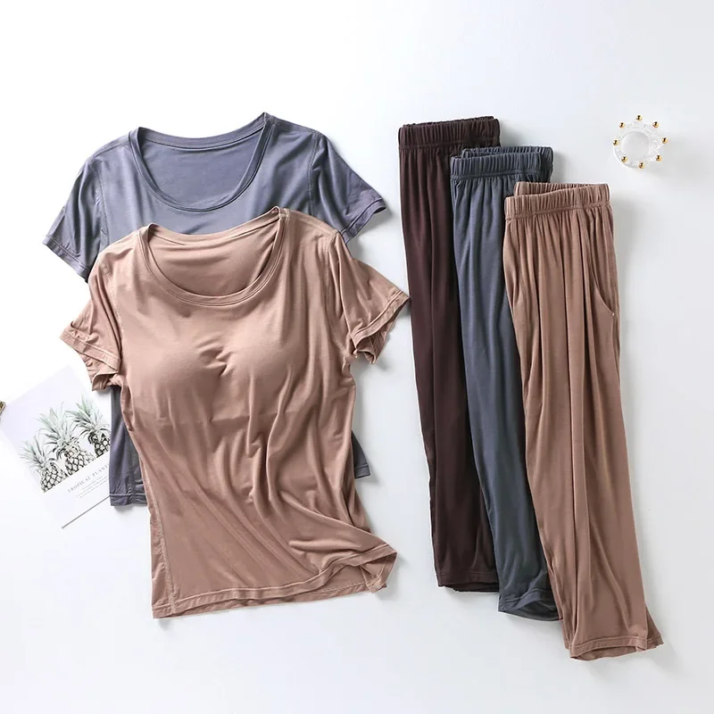 Pyjama modal pour femmes, costume deux pièces avec coussinet de poitrine, pantalon court à manches courtes, grande taille, ensemble de service à domicile, nouvelle collection été 2026