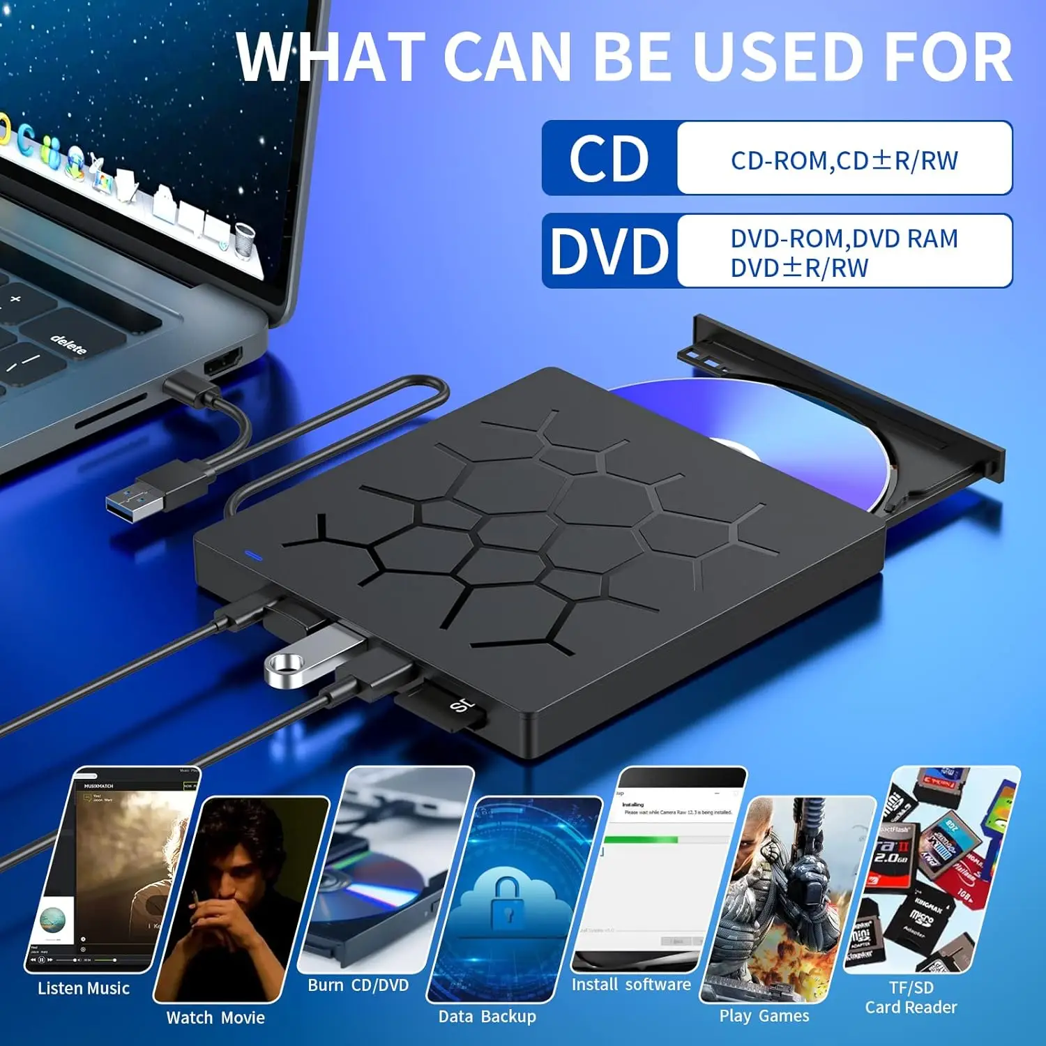 Lecteur CD DVD externe, graveur CD ultra mince USB 3.0 avec 4 ports USB et 2 emplacements pour cartes TF/SD, disque optique pour ordinateur portable Mac PC