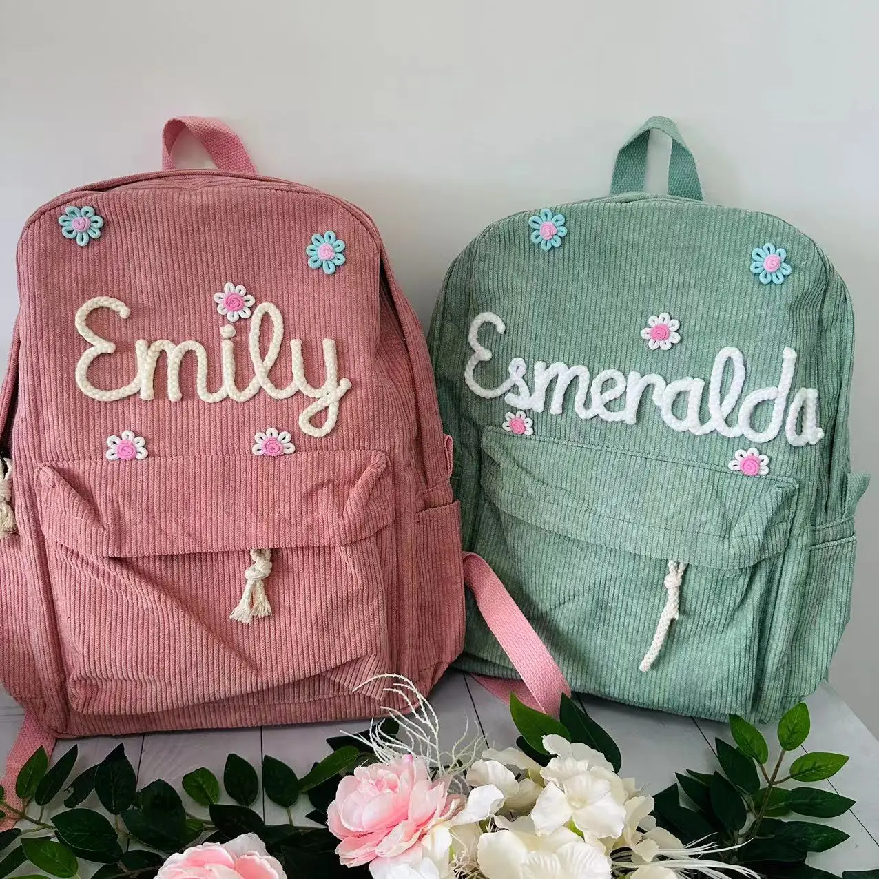 Sac à dos personnalisé pour enfants, sac à dos en velours côtelé brodé, retour à l'école, sac à dos avec nom d'enfant, sac d'école universitaire, tout-petit, avec nom