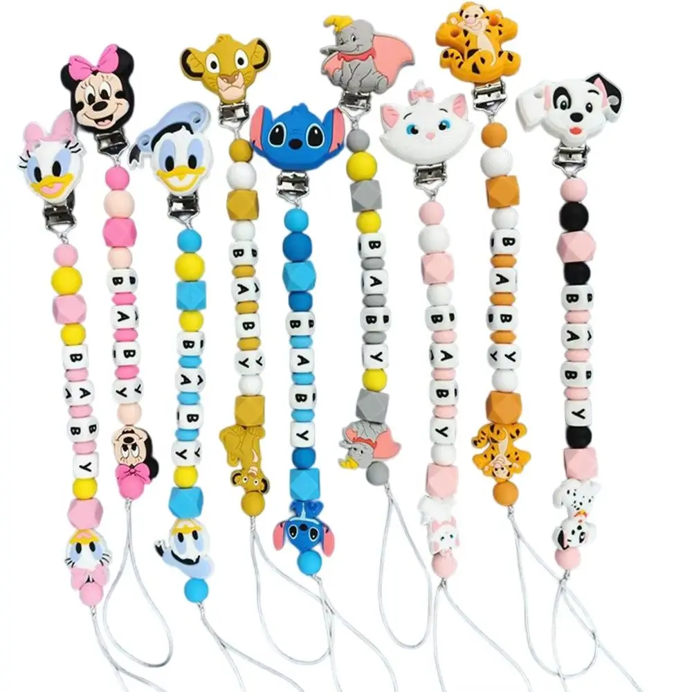 1 Stück Personalisierte Schnullerkette mit Namen, Marie-Katze, Dumbo, Miss Bunny, Tiger, Silikonperlen, Beißkette Image