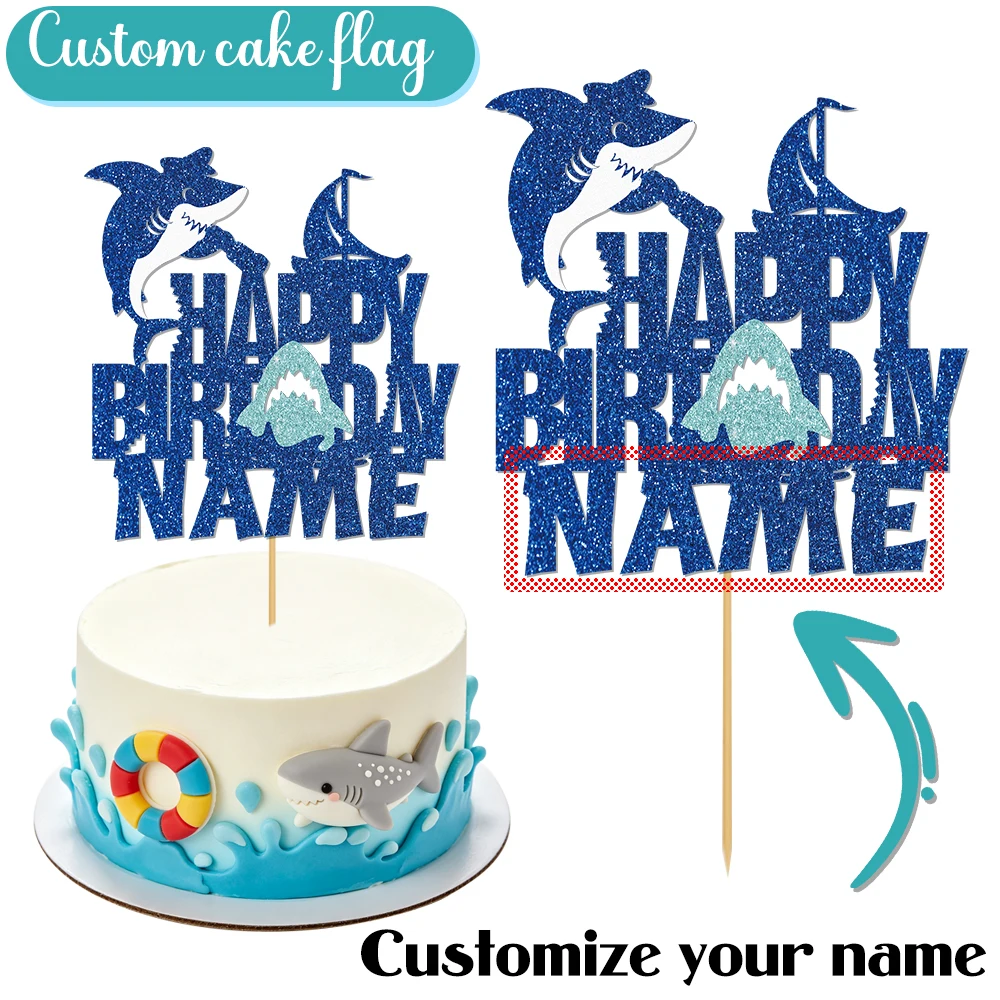 1 Stück marineblauer Hai-Geburtstagstorten-Topper, Meerestier-Kuchenaufsatz – Glitzerndes Geburtstagsparty-Zubehör im Ozean-Stil Image