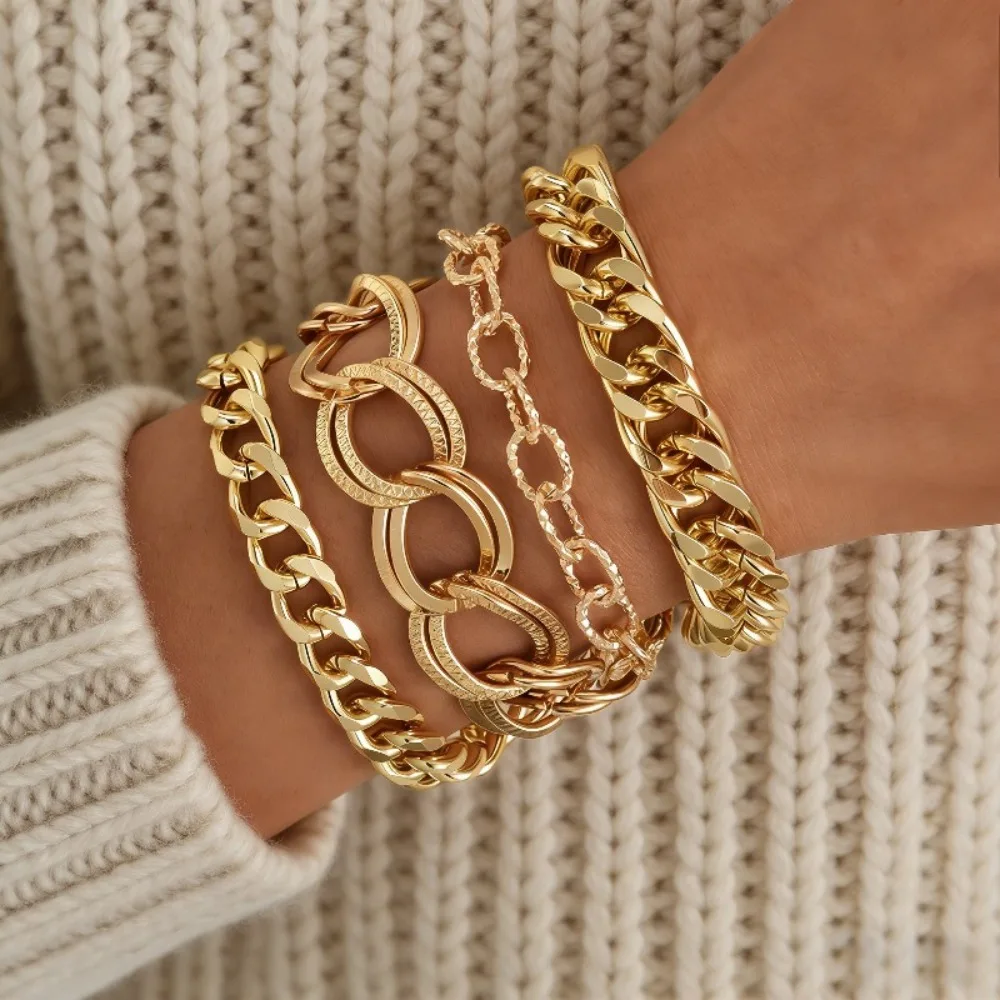 4-teiliges Set Goldketten-Armbänder, Modisches und Vielseitiges Design, Schlichte und Elegante Textur, Unisex-Stil, Geeignet für Alltägliches Casual-Tragen