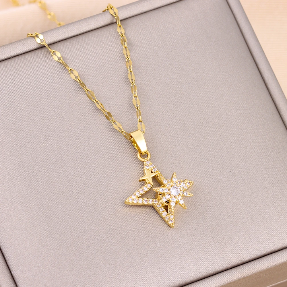 Neu In Drehbare Zirkon Kristall Glück Stern Anhänger Halsketten Für Frauen Trendy Weibliche Edelstahl Kette Damen Zubehör Image