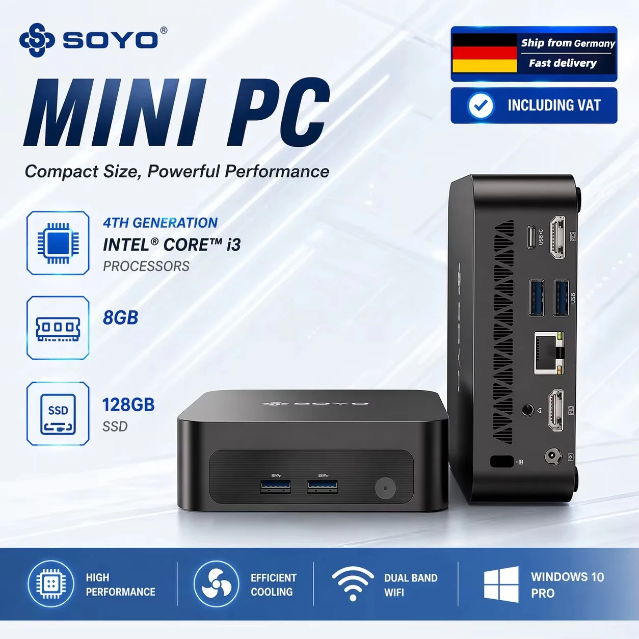 SOYO Y5 Mini-PC Intel i3-4030U Prozessor 8 GB RAM 128 GB SSD Windows 10 PRO Bluetooth WIFI5 Unterstützt 4K-Display Mini-Computer