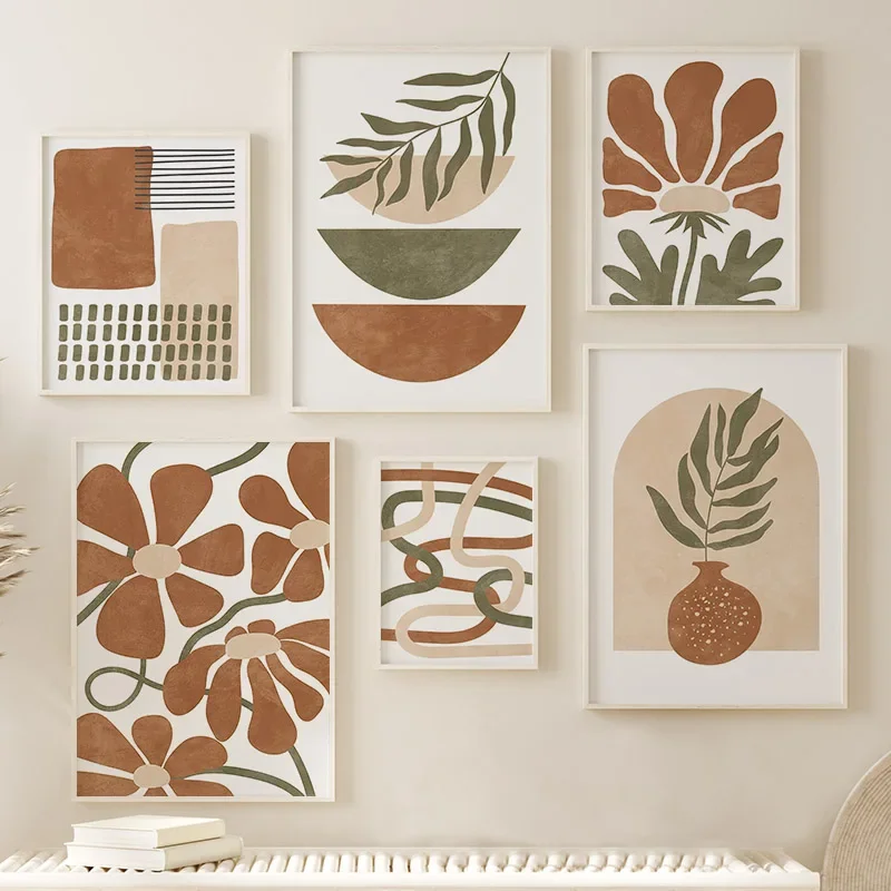 1 Stück rahmenlose Leinwandmalerei, abstrakte Linien, Vase, Blumen, Blätter, Boho-Geometrie, Wandkunst, Leinwandmalerei, nordische Poster und Drucke