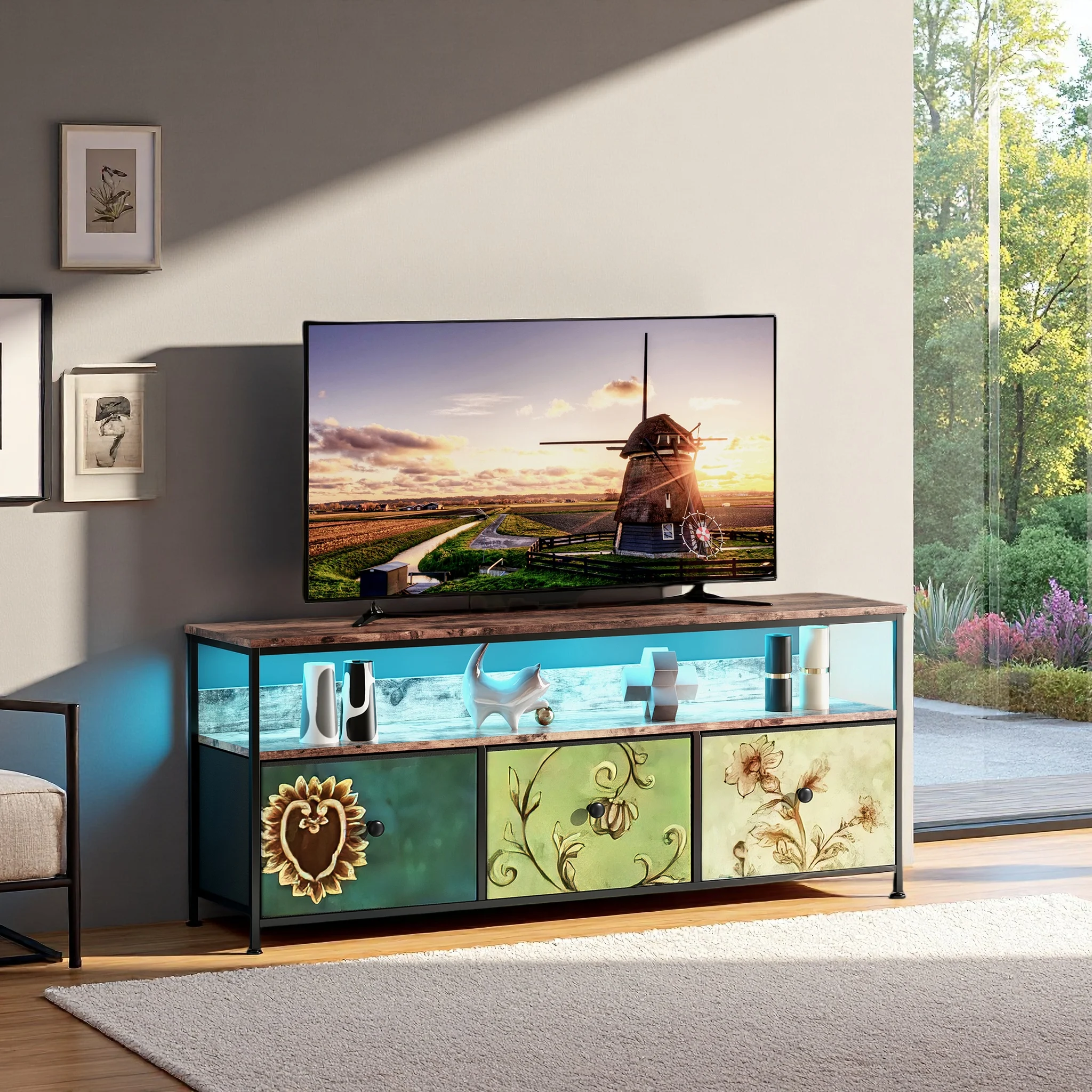 Comanlai TV-Ständer 54 Zoll Industriell mit 3 Schubladen Wohnzimmertisch Holzschrank mit Schubladen Stahlrahmen Schlafzimmer-Aufbewahrung Image