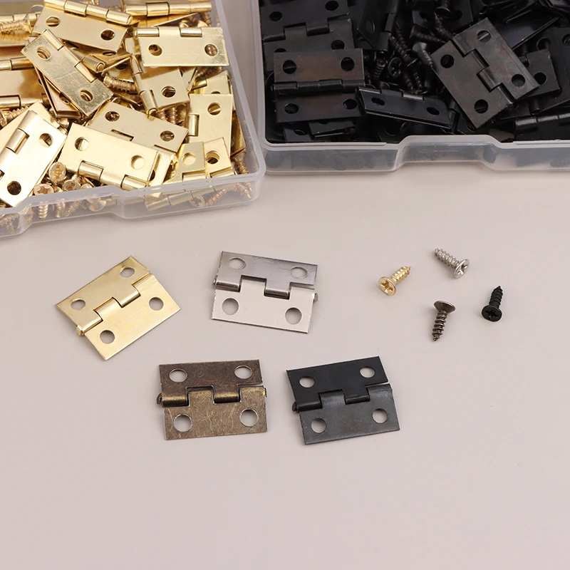 (Sommer6) 50 Stück/Box Scharniere + 200 Schrauben aus Eisen, Gold, Silber, Schwarz, Bronze, 4 Löcher, langlebige Möbelbeschläge, Mini-Scharnier-Dekor Image