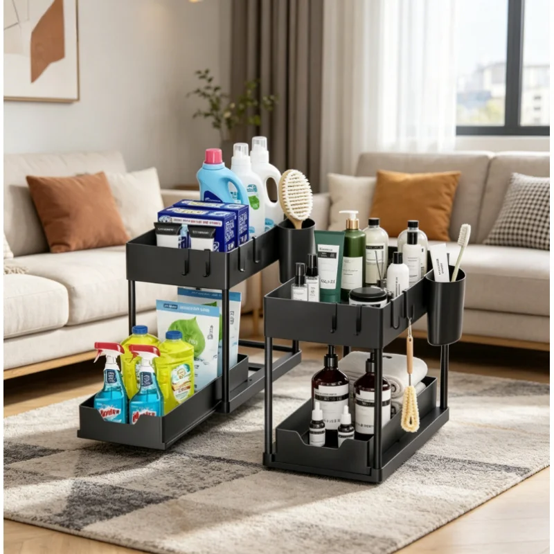 2-teiliger Unterschrank-Organizer, 2-stufiger Ausziehkorb für Küche und Bad mit Haken und Tassenhalter