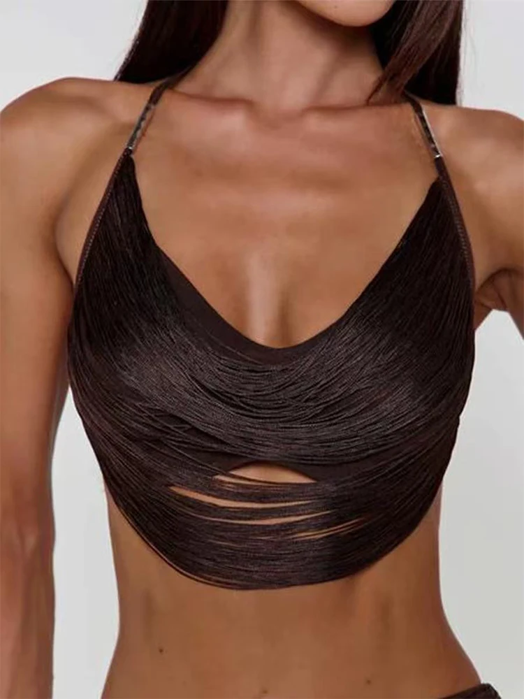 Handgefertigtes Patchwork-Tanktop mit Fransen für Damen, sexy, durchsichtig, rückenfrei, am Hals befestigtes Crop-Top, Urlaub, Party, Dating-Outfit Image