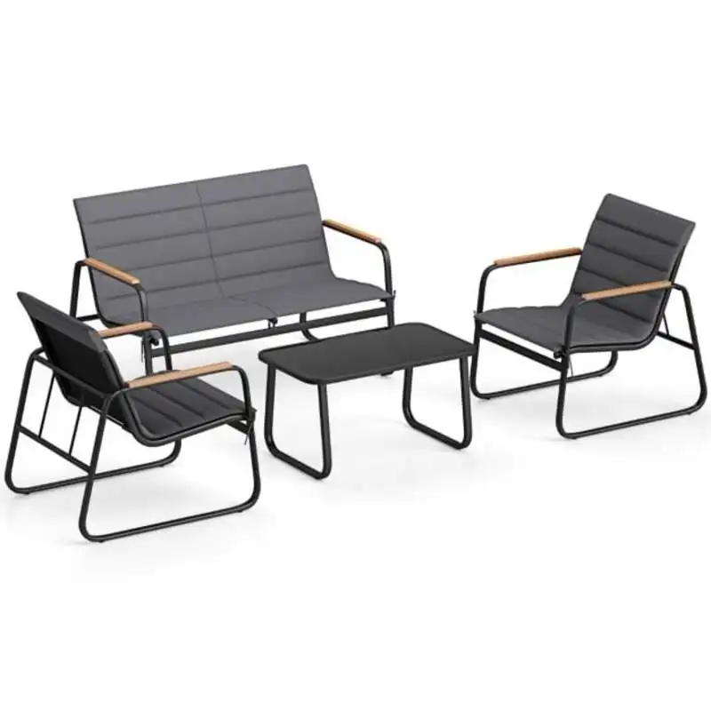 Gartenmöbel-Set mit 2 Stühlen, Bank, Tisch und Kissen, Outdoor-Lounge-Möbel, Sitzgruppe, grau