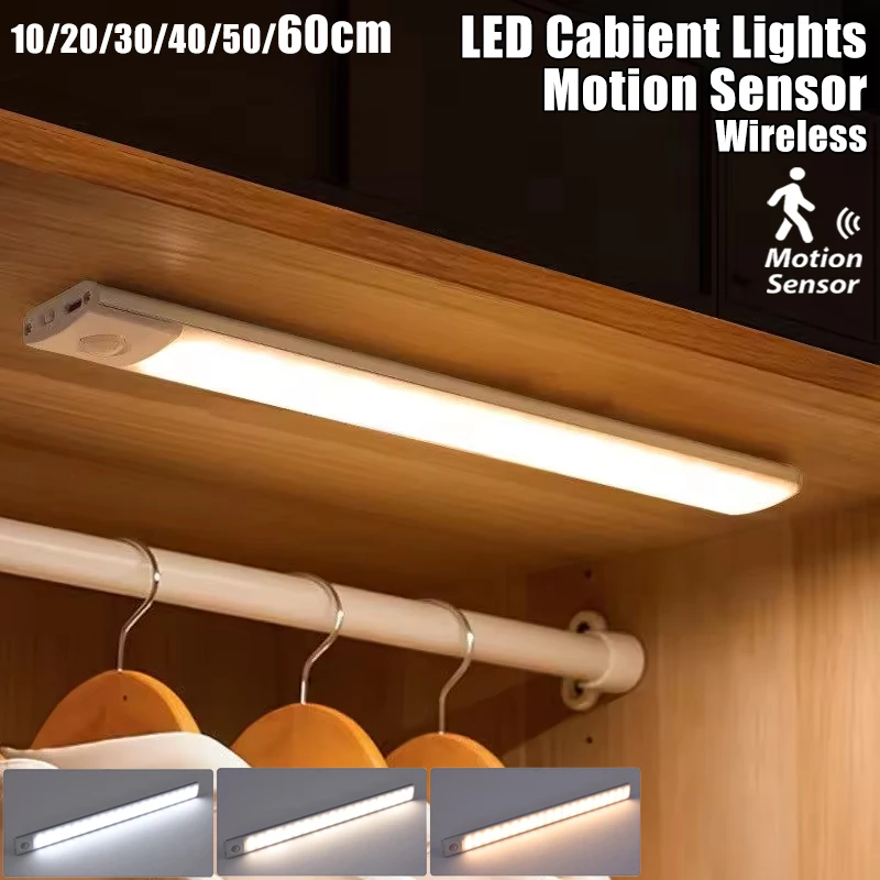 10–60 cm unter dem Schrank, LED-Leuchten, Bewegungsmelder, Nachtlicht, dünne wiederaufladbare kabellose Lampe für Küchenschrank, Schlafzimmerbeleuchtung