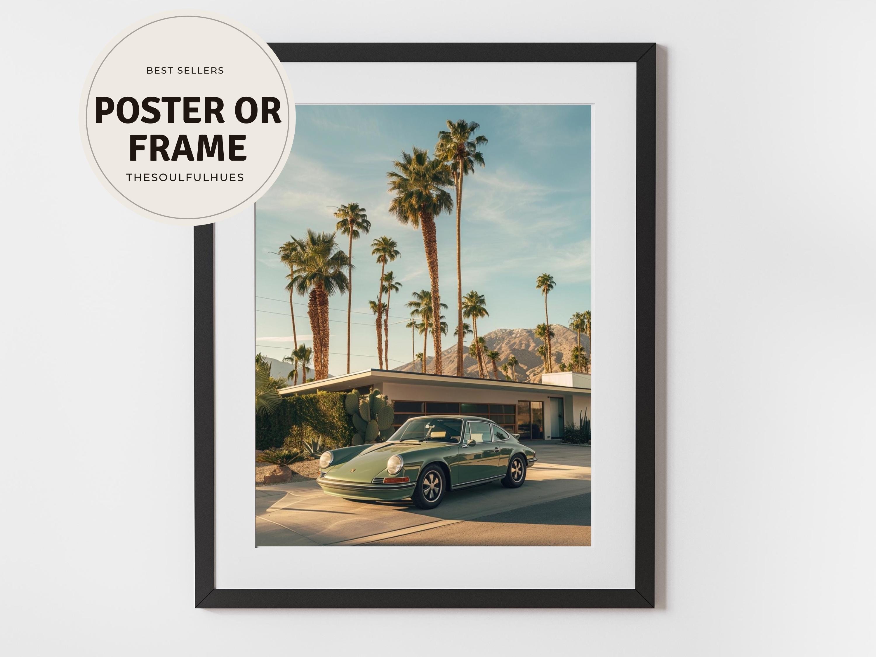 Stampa Porsche 911 Palm Springs / Quadro da parete con auto classica verde / Download digitale in stile Mid-Century Modern / Stampa di auto california