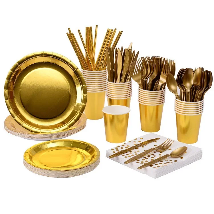 20 stücke Gold Heißer Stanzen Einweg Geschirr Set Freunde Sammeln Party Veranstaltungsort Dekoration Lieferungen Geburtstag Dekoration Image